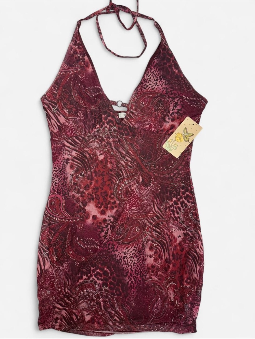 Persaya Burgundy Paisley Halter Mini Dress - Size XL - Y2K Animal Print Tie Neck